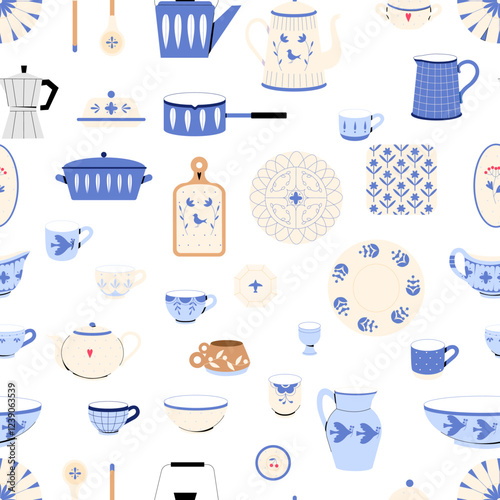 Pottery, hand painted crockery vector seamless pattern. Earthenware in rustic style drawing. Creative fabric, textile, wallpaper, wrapping paper design.