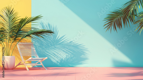 Minimalist tropical summer background with palm leaves, wooden lounge chair, and vibrant pastel walls. Modern beach vacation scene with warm sunlight and shadows. Perfect for travel, relaxation, and h