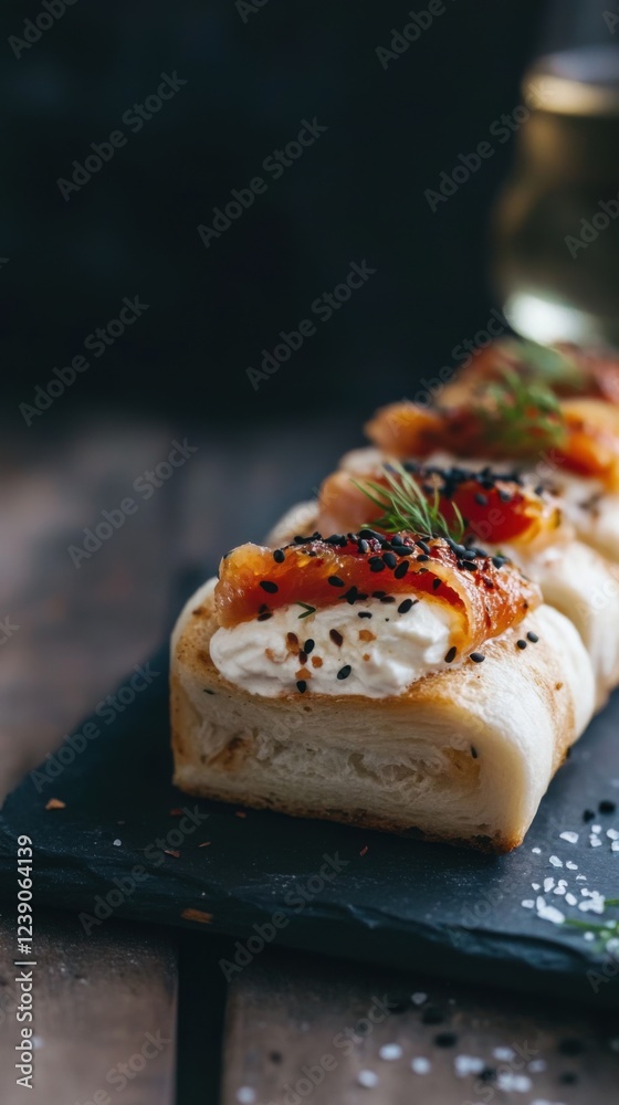 Savory toast rolls with cream cheese and smoked salmon on dark slate Savory toast rolls with cream cheese and smoked salmon on dark slate