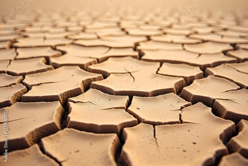 Cracked earth surface in arid desert landscape with drought conditions photo