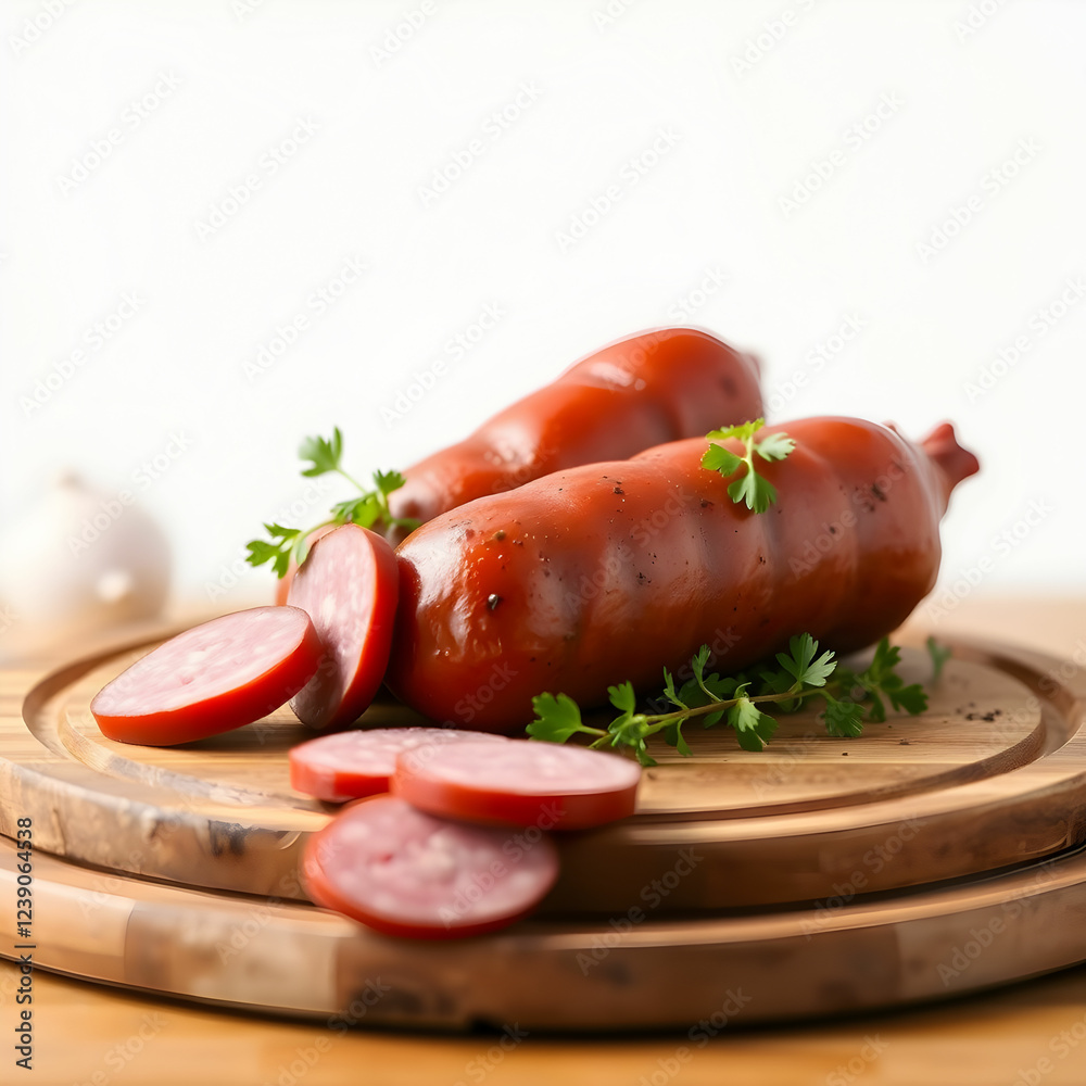 A flavorful raw sausage on the wooden board isolated on the blank background A flavorful raw sausage on the wooden board isolated on the blank background