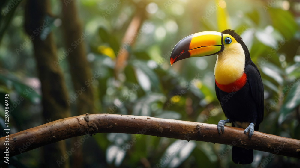 Beautiful colorful toucan bird on a branch in a rainforest Beautiful colorful toucan bird on a branch in a rainforest
