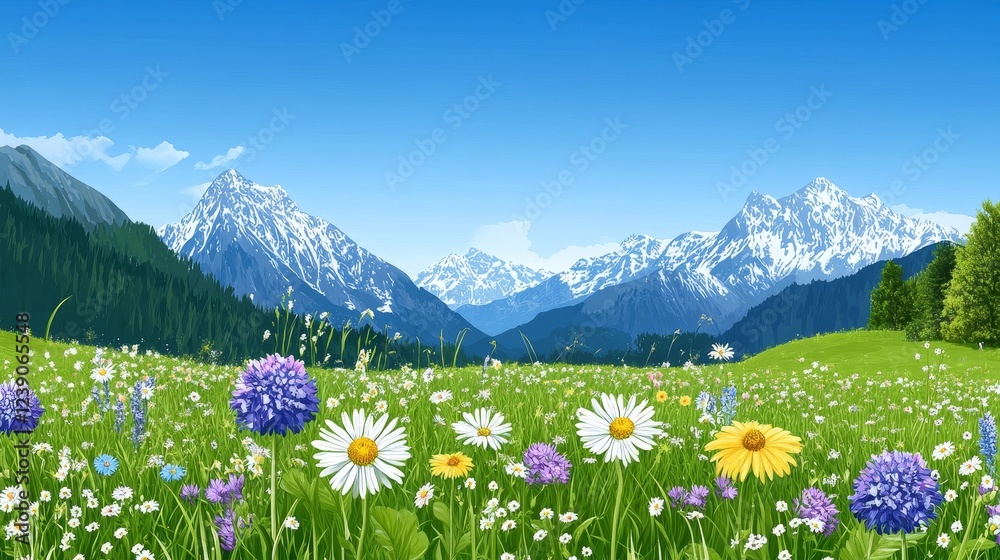 Obraz premium Summer Wildflowers and Mountain Majesty - Serene summer scene, wildflowers in vibrant meadow, majestic snow-capped mountains, symbolizes peace, beauty, nature, freedom, and tranquility.