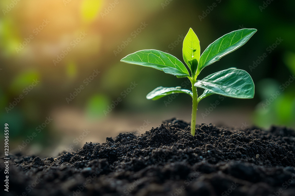 Small plant sprout in soil. New life germinating from ground, spring season and ecology concept Small plant sprout in soil. New life germinating from ground, spring season and ecology concept