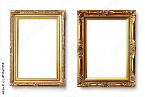 Gold picture frames isolated on white background. Antique decorative photo borders, luxury vintage gallery art, blank rococo portrait space