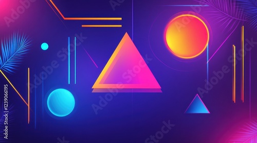 Vibrant neon geometric shapes and palm leaves on a dark blue background.