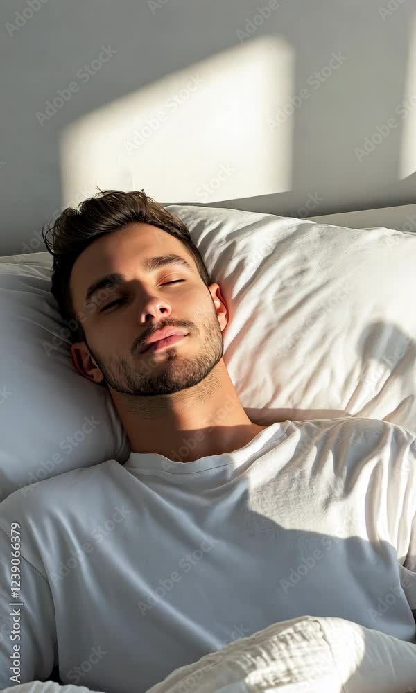 A man is sleeping on a bed with a white pillow. He is wearing a white shirt and has a beard A man is sleeping on a bed with a white pillow. He is wearing a white shirt and has a beard