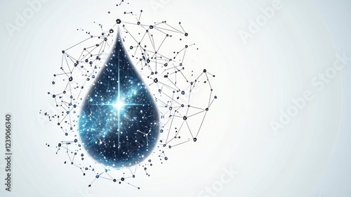 Abstract dark blue water drop with glowing center and connected nodes.