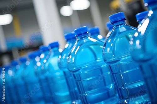 Industrial production line of blue plastic water bottles in factory setting photo