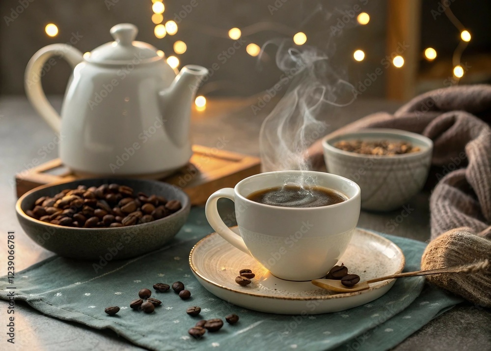 Fototapeta premium Warm cup of coffee with coffee pot