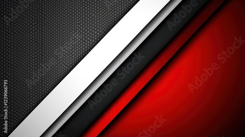Abstract red, black, white diagonal stripes on carbon fiber texture background.