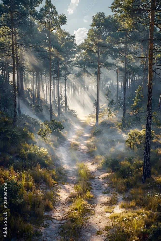 Obraz premium A serene forest path illuminated by soft sunlight filtering through tall pine trees, creating a mystical atmosphere with mist hovering in the air.