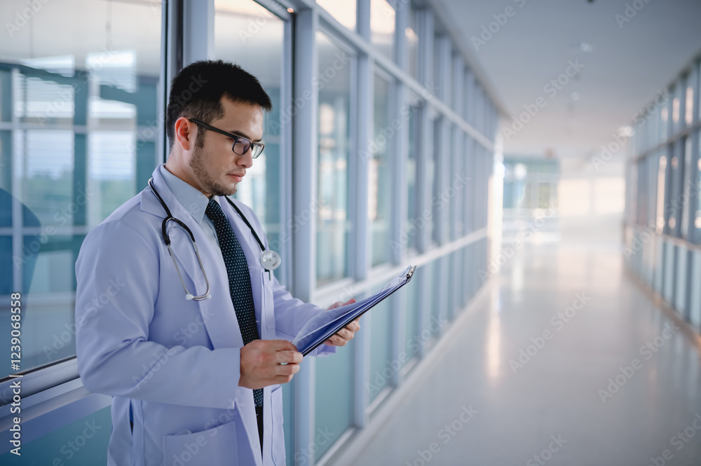 doctor is standing in a hospital corridor checking a list of patients. doctor is standing in a hospital corridor checking a list of patients.