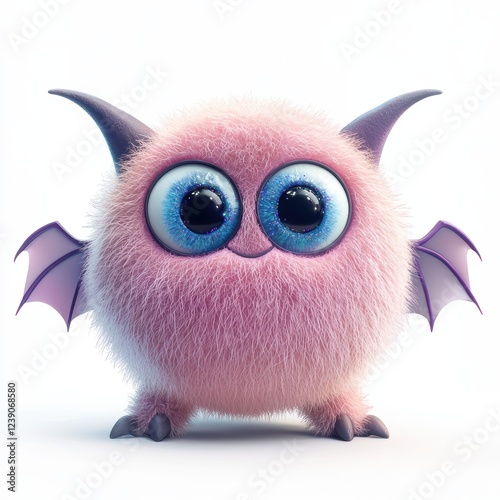 Cute Round Monster with a Soft Cotton Candy Gradient Fur, Big Sparkling Eyes, and Tiny Bat Wings, Isolated on White Background