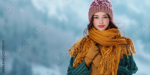 Close-up of woman holding scarf with snowy landscape blurred behind