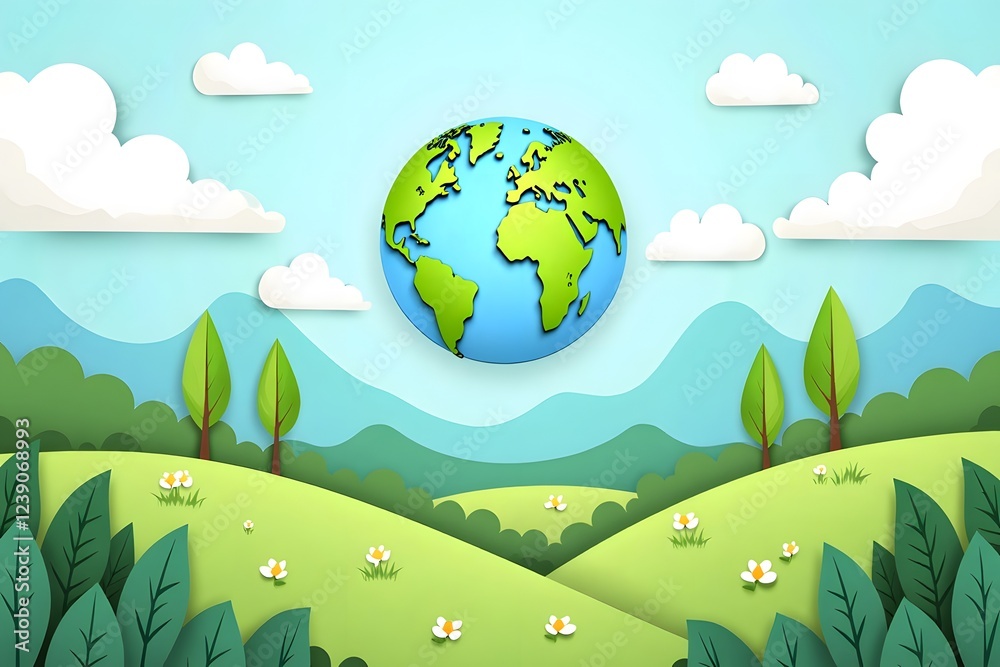 Colorful earth with green landscapes and blue mountains in paper art style Colorful earth with green landscapes and blue mountains in paper art style