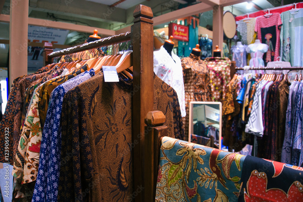 Obraz premium Colorful Batik Clothing Collection Displayed at Beringharjo Market