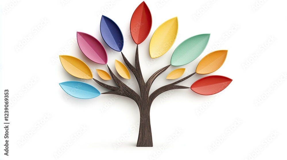 Stylized Rainbow Tree with Colorful Leaves on White Background: A 3D Rendered Illustration of a Decorative Tree with Multicolored Leaves in a Circular Pattern Stylized Rainbow Tree with Colorful Leaves on White Background: A 3D Rendered Illustration of a Decorative Tree with Multicolored Leaves in a Circular Pattern