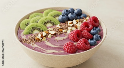 Berrylicious Smoothie Bowl: A vibrant and healthy smoothie bowl brimming with fresh raspberries, blueberries, kiwi slices, and a sprinkle of almonds. photo