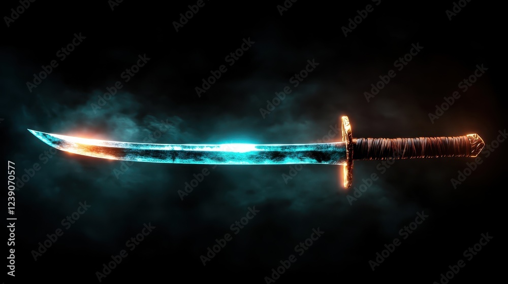 Fototapeta premium A sleek and glowing sword emits an otherworldly energy, symbolizing strength and mystique, set against a dark backdrop that enhances its captivating presence.