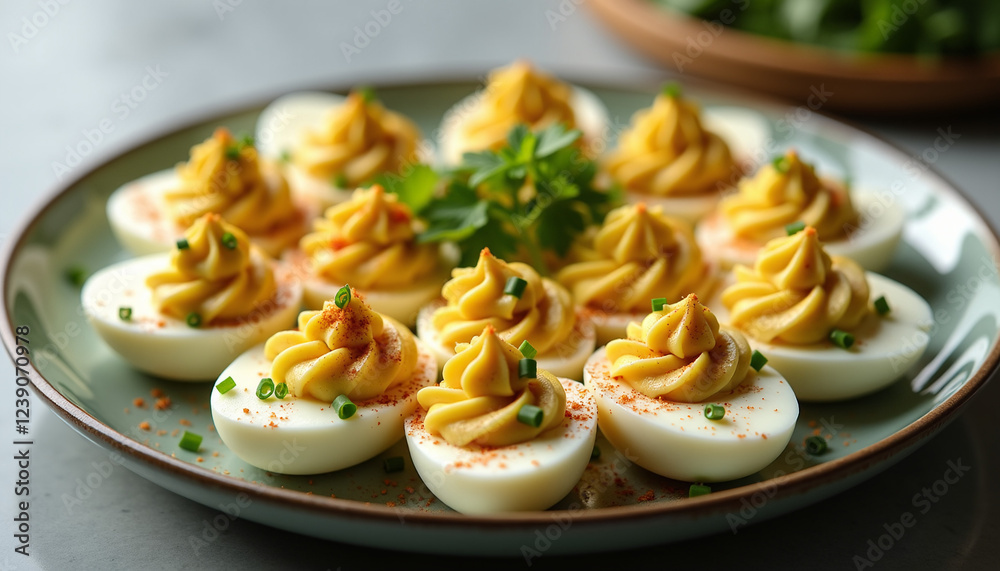 Deviled eggs with parsley garnish Deviled eggs with parsley garnish