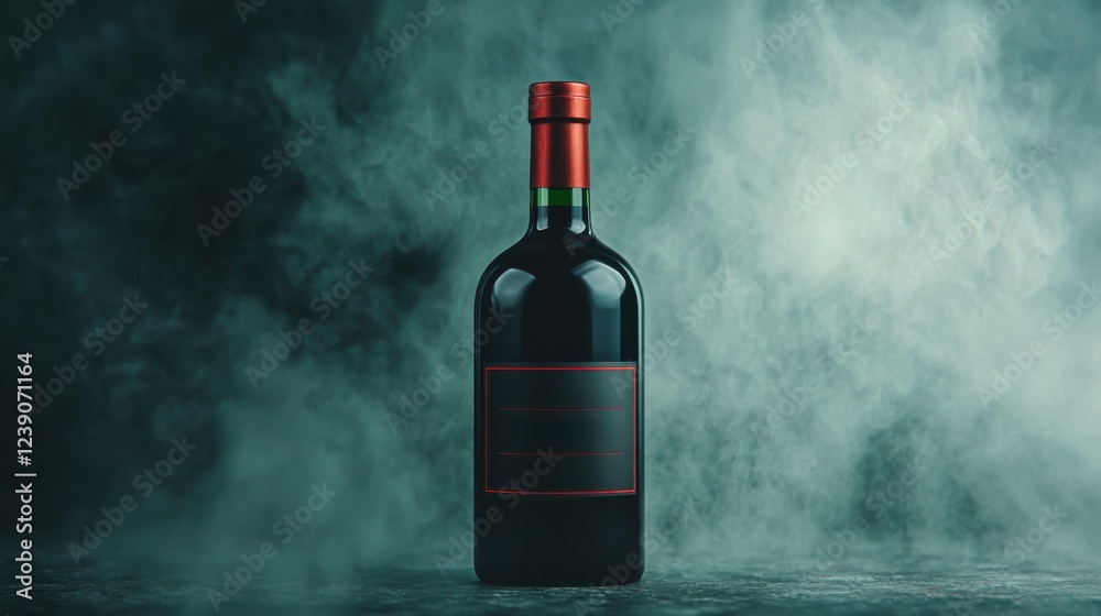 A dark wine bottle with a red cap stands prominently against a misty backdrop, evoking a sense of mystery and elegance. A dark wine bottle with a red cap stands prominently against a misty backdrop, evoking a sense of mystery and elegance.