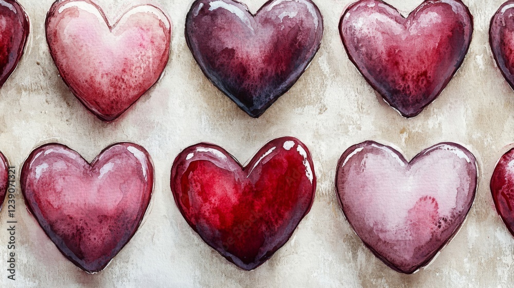 Obraz premium Watercolor Hearts Pattern: Pink, Red, and Purple Shades on Beige Background