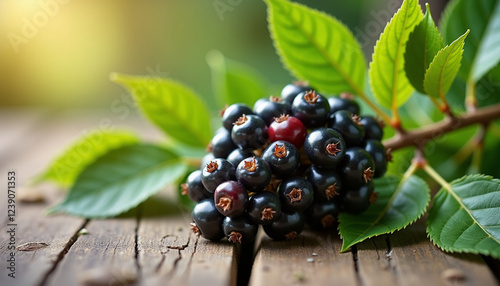 Fresh black chokeberries on a branch with green leaves photo