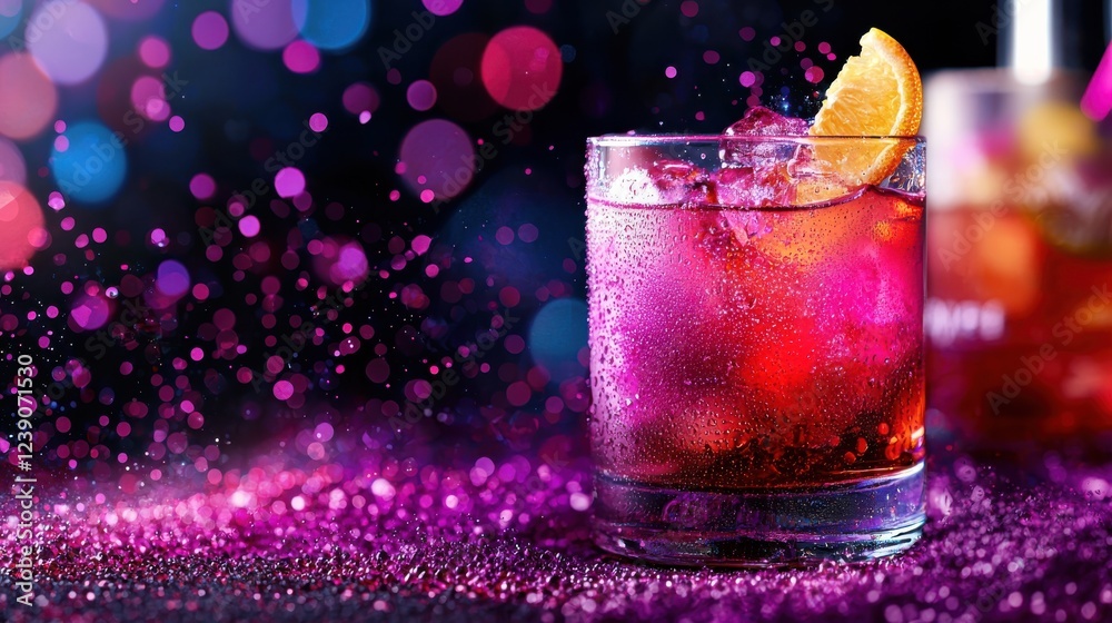 A vibrant cocktail with a splash of color, garnished with an orange slice, sits on a sparkling surface against a blurred, colorful backdrop. A vibrant cocktail with a splash of color, garnished with an orange slice, sits on a sparkling surface against a blurred, colorful backdrop.