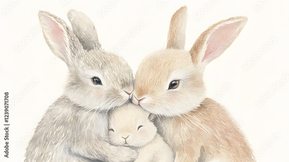 Fototapeta premium Two Rabbits Gently Embrace Their Baby