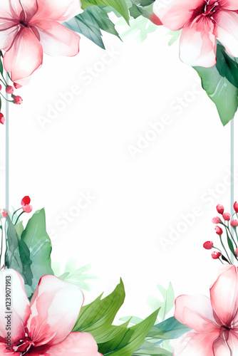 Greeting card, template for invitation to wedding, birthday with spring flowers and eucalyptus leaves. Watercolor.