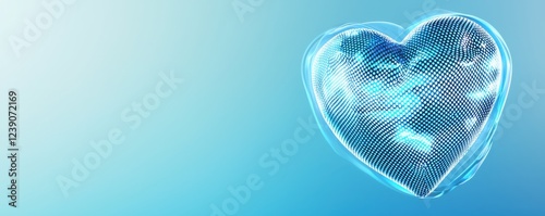 A shimmering, digital heart against a soft blue gradient background, conveying themes of love and technology.