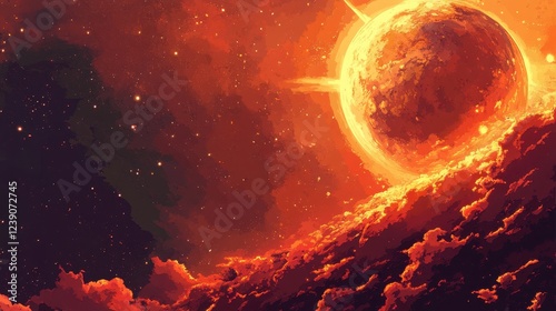 Fiery Planet Orbiting In A Red Nebula Space photo