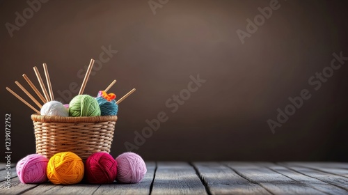 Colorful Yarn Balls in Basket - A rustic wooden table displays a wicker basket brimming with colorful yarn balls and knitting needles.  Perfect for crafting projects. photo