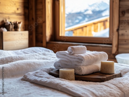 Cozy hotel room with clean towels and sunlight shining through the window - warm and inviting atmosphere
