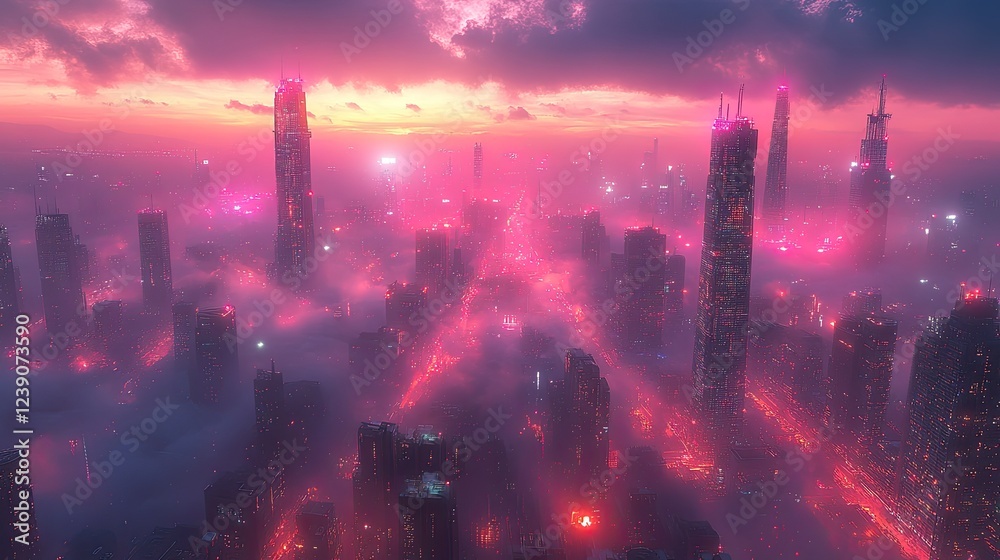 Obraz premium A vibrant, abstract digital landscape featuring a dense arrangement of glowing,