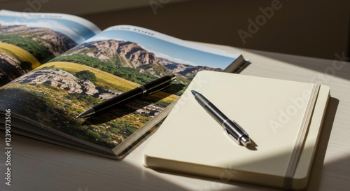 Travel Journal Inspiration: An open travel magazine showcasing stunning mountain scenery rests beside a blank notebook and pen, inviting the viewer to record their own adventures.