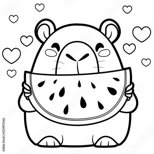 Cute cartoon capybara eats a large slice of watermelon with appetite outlined