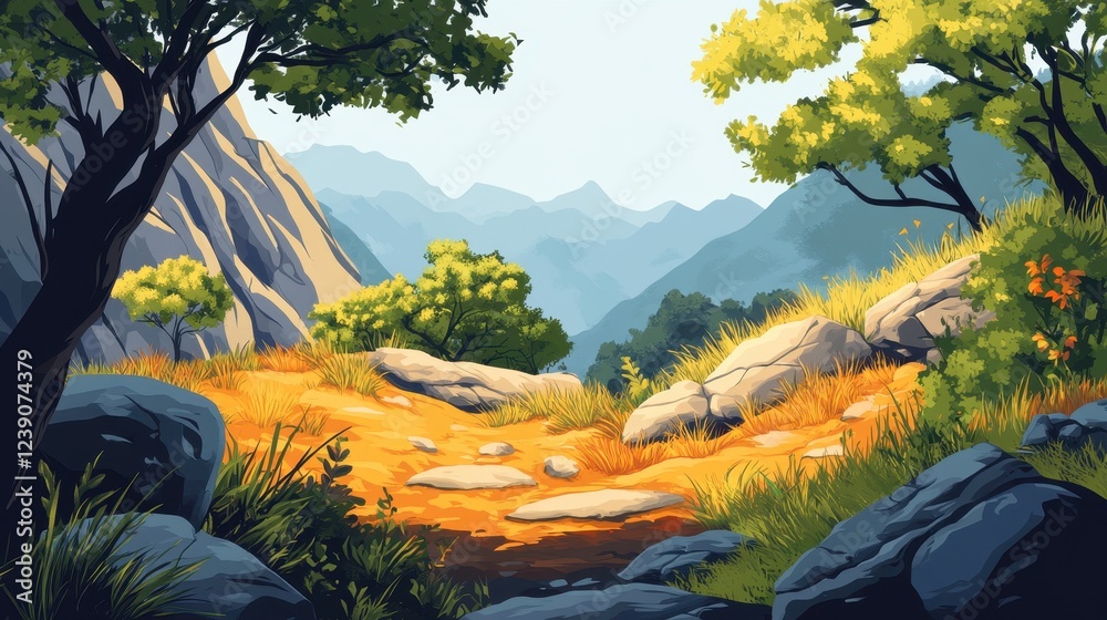 Naklejka premium Mountain Vista Scenic Pathway Rocks Trees Grass