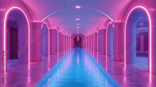 Futuristic Neon Corridor with Blue and Pink Lights Photorealistic Depth Perspective Abstract Wallpaper