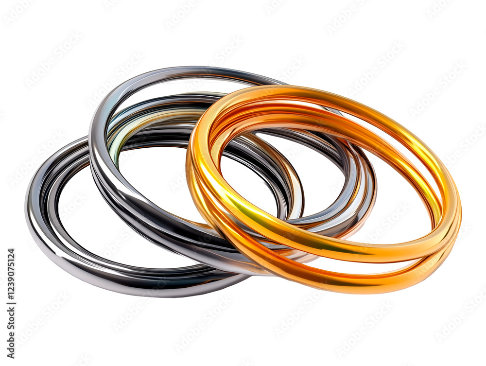 Intertwined gold, silver, and platinum rings symbolizing connection, unity, and luxury, isolated on transparent background, PNG, cut out Intertwined gold, silver, and platinum rings symbolizing connection, unity, and luxury, isolated on transparent background, PNG, cut out