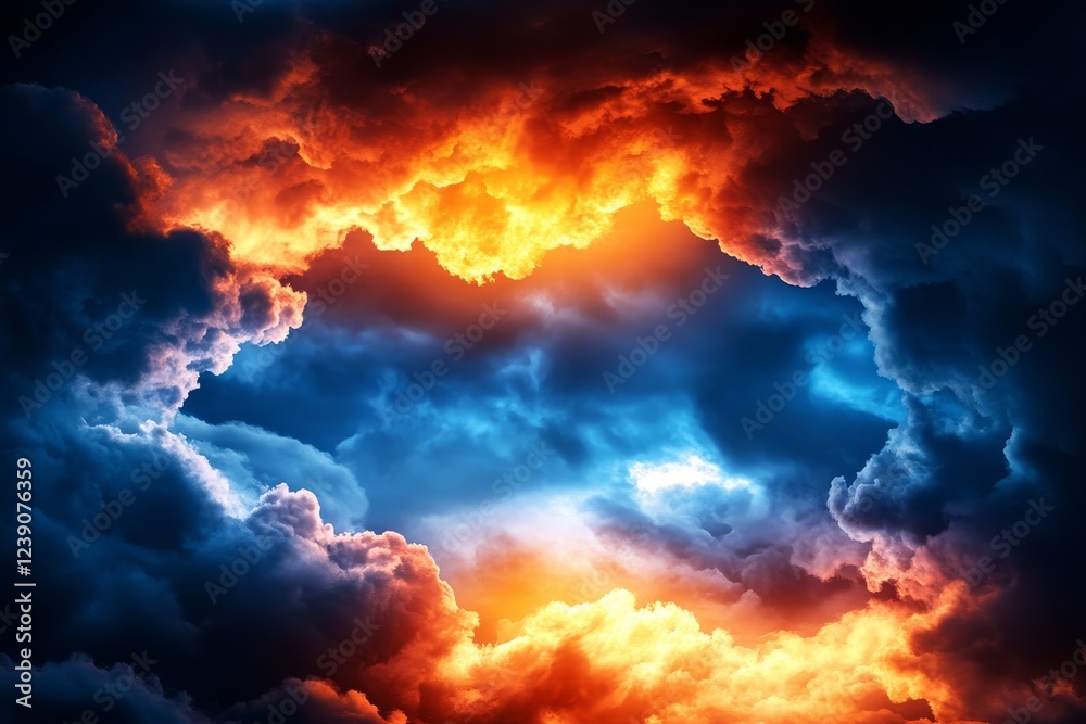 Fiery Sky and Storm Clouds - Dramatic image of a sky split between fiery orange and stormy blue clouds, creating a visually striking contrast. Fiery Sky and Storm Clouds - Dramatic image of a sky split between fiery orange and stormy blue clouds, creating a visually striking contrast.