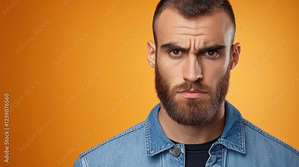 Fototapeta premium Mature man with serious expression poses against an orange background while wearing a denim jacket and showcasing his beard
