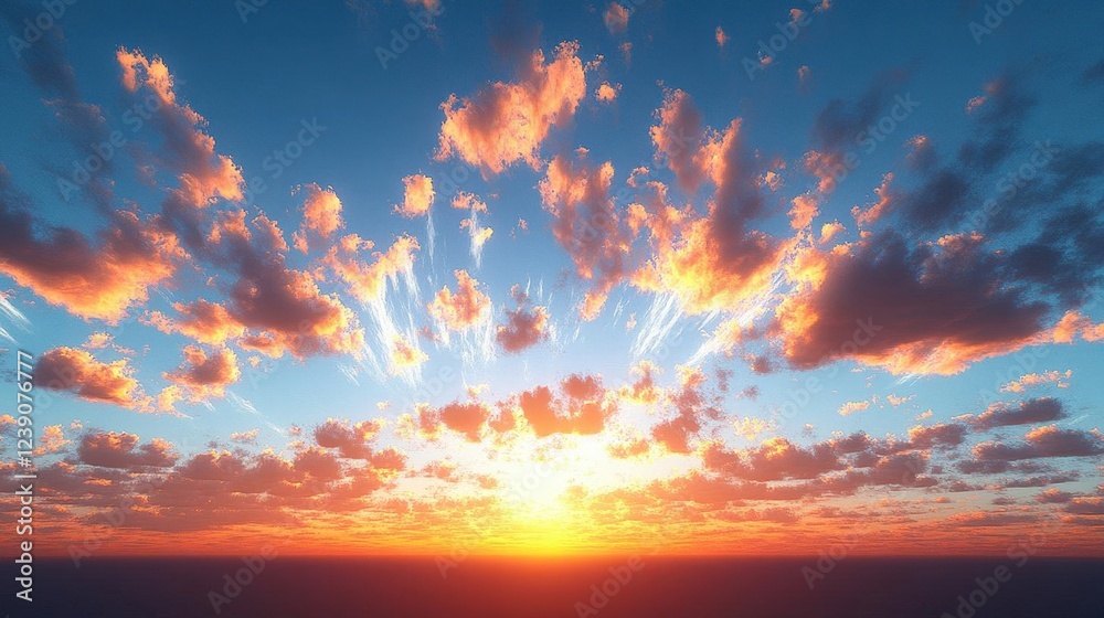 Fototapeta premium Vibrant Sunset Sky with Orange and Blue Clouds over Ocean Horizon