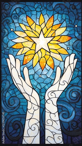 Mystic story mood Stained glass art of hands holding a star.