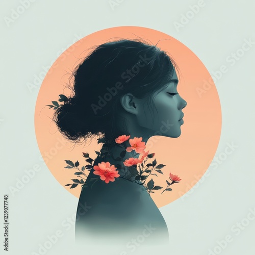 Vector Illustration of a Beautiful Young Woman Relaxing with Flower Neck Decoration Eye Mask and Skin Care in Pastel Colors