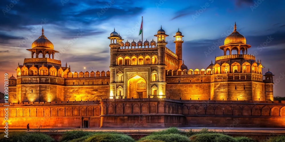 Naklejka premium Majestic Red Fort Delhi Night Photography - Illuminated Mughal Architecture