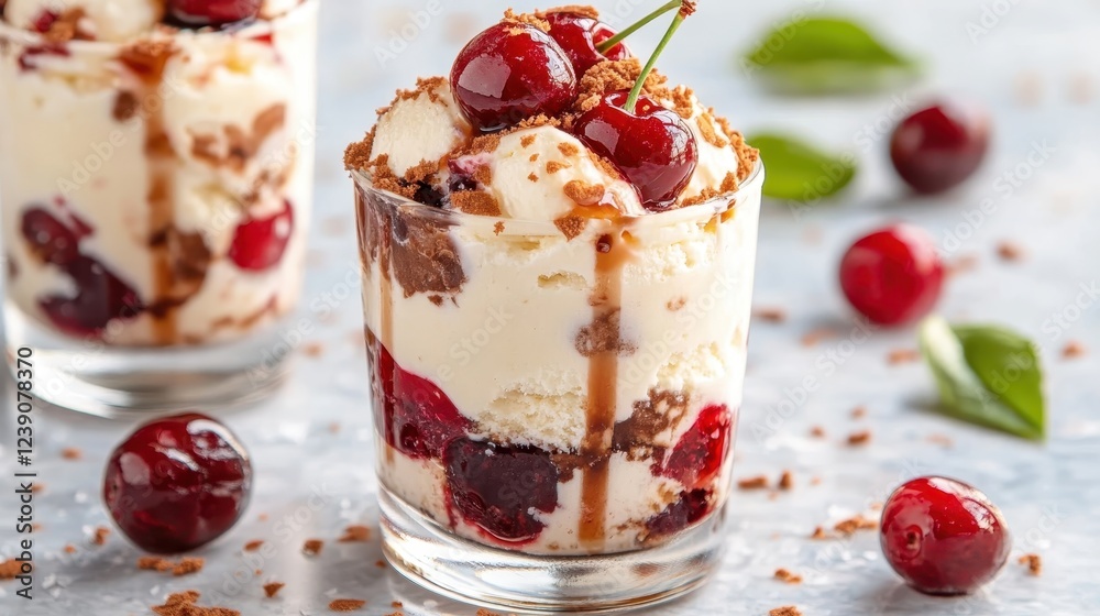 An enticing cherry parfait artfully presented in a clear cup, adorned with luscious cherries and crumbled toppings, highlighted against a soft, blurred backdrop.