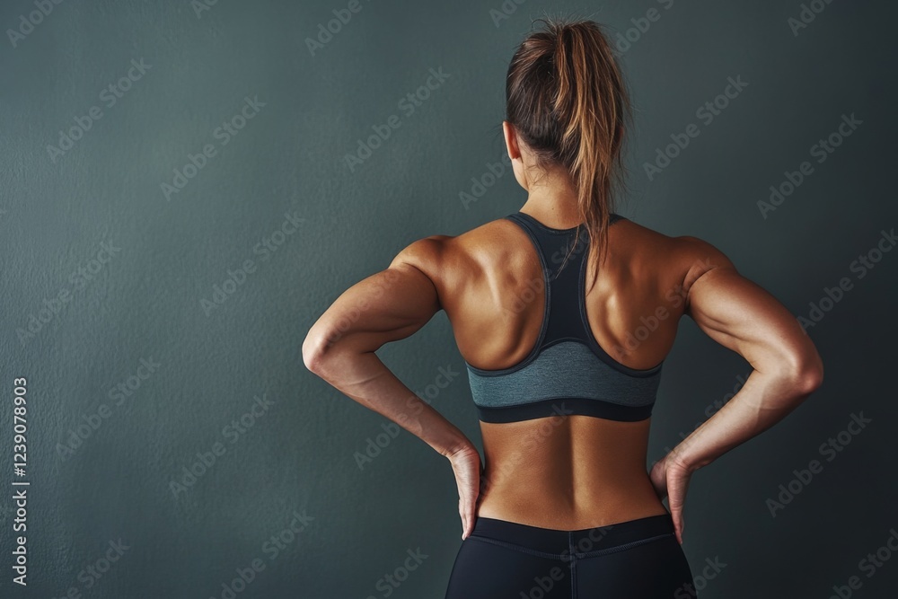 Fototapeta premium Fitness enthusiast showcasing toned arms in workout gear at gym during evening session