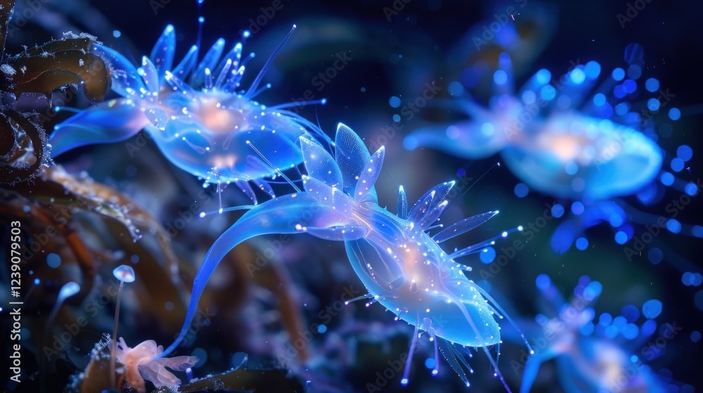 Abstract underwater world with glowing organisms. Soft bioluminescence and organic forms create an artistic and otherworldly scene, suitable for conceptual designs and digital artwork. Abstract underwater world with glowing organisms. Soft bioluminescence and organic forms create an artistic and otherworldly scene, suitable for conceptual designs and digital artwork.